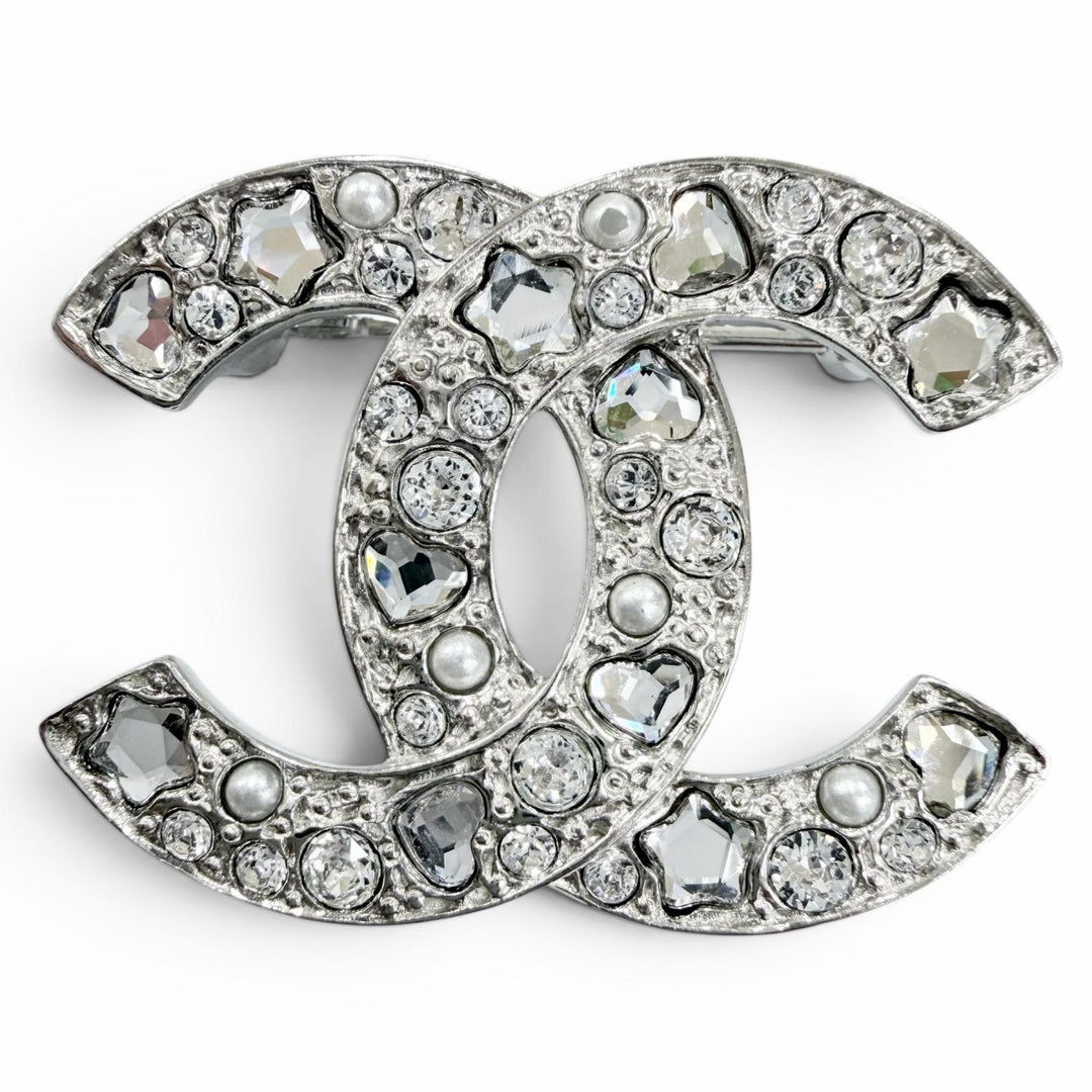 Excellent CHANEL Brooch COCO Mark Star Heart F Pearl Rhinestone Silver B25P