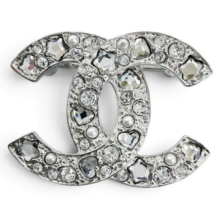 Excellent CHANEL Brooch COCO Mark Star Heart F Pearl Rhinestone Silver B25P