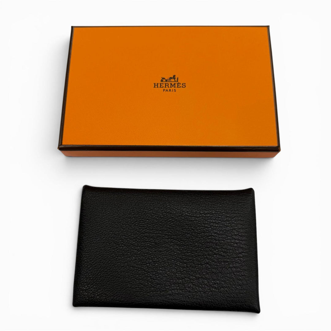 Excellent HERMES Card Case Calvi Coin case black Shoble misol mens