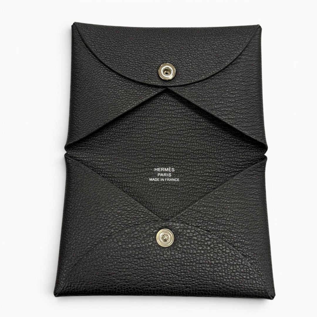 Excellent HERMES Card Case Calvi Coin case black Shoble misol mens