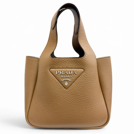 Excellent PRADA Handbag Leather mini handbag Metal lettering logo caramel 1BA349