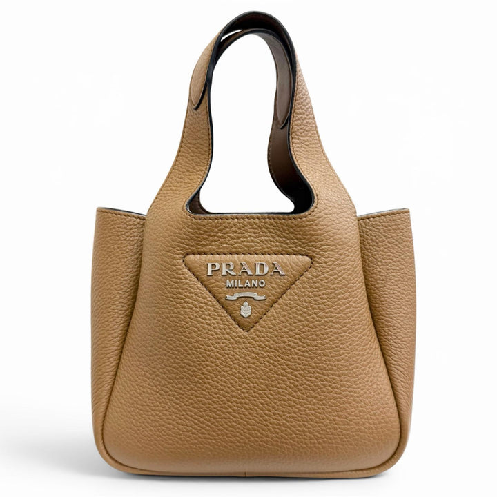 Excellent PRADA Handbag Leather mini handbag Metal lettering logo caramel 1BA349