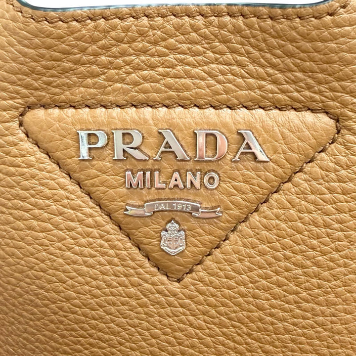 Excellent PRADA Handbag Leather mini handbag Metal lettering logo caramel 1BA349