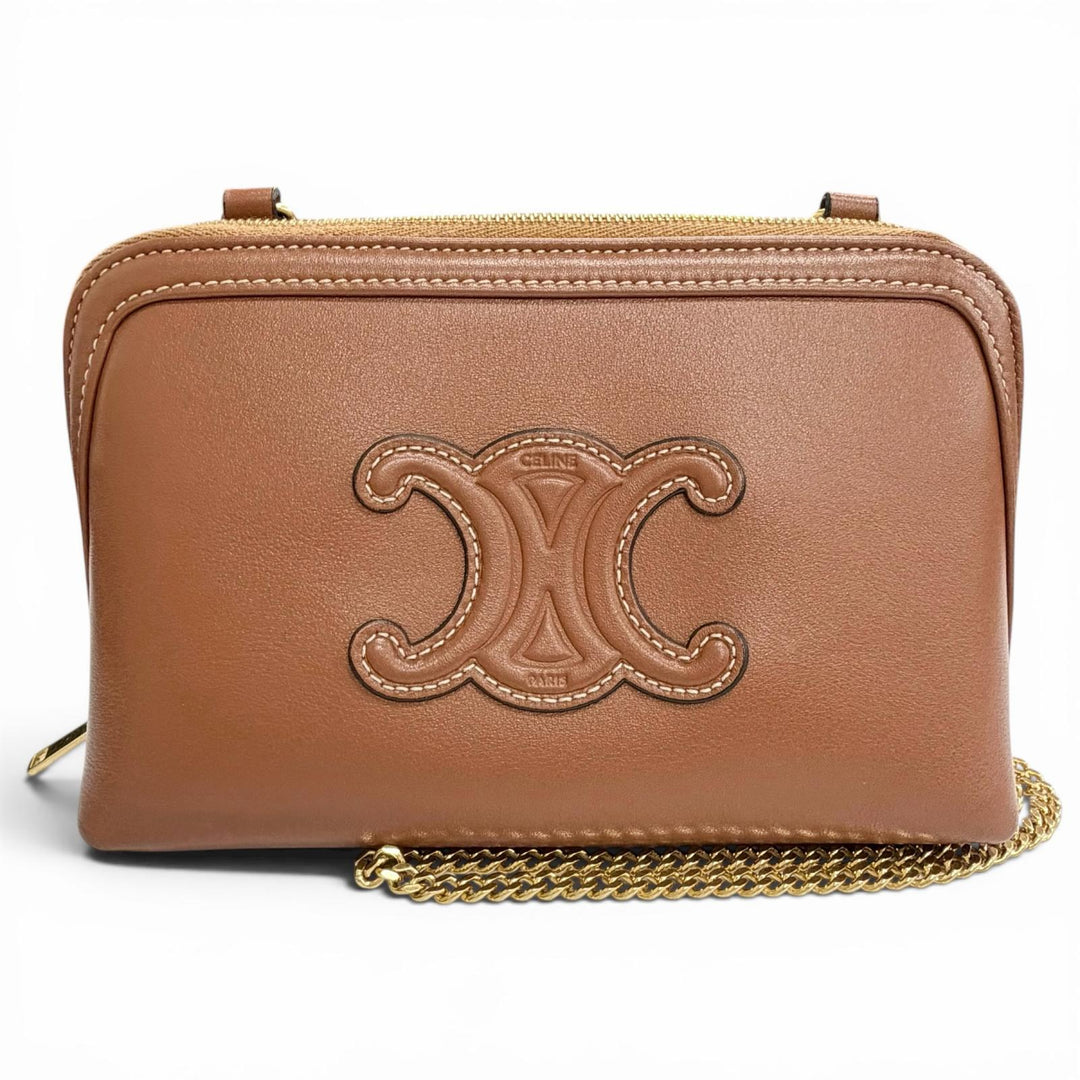 Great CELINE Shoulder Bag Cuir Triomphe Chain Clutch Tan Smooth scarf skin