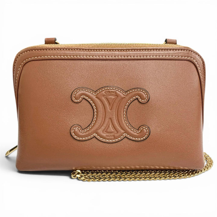 Great CELINE Shoulder Bag Cuir Triomphe Chain Clutch Tan Smooth scarf skin
