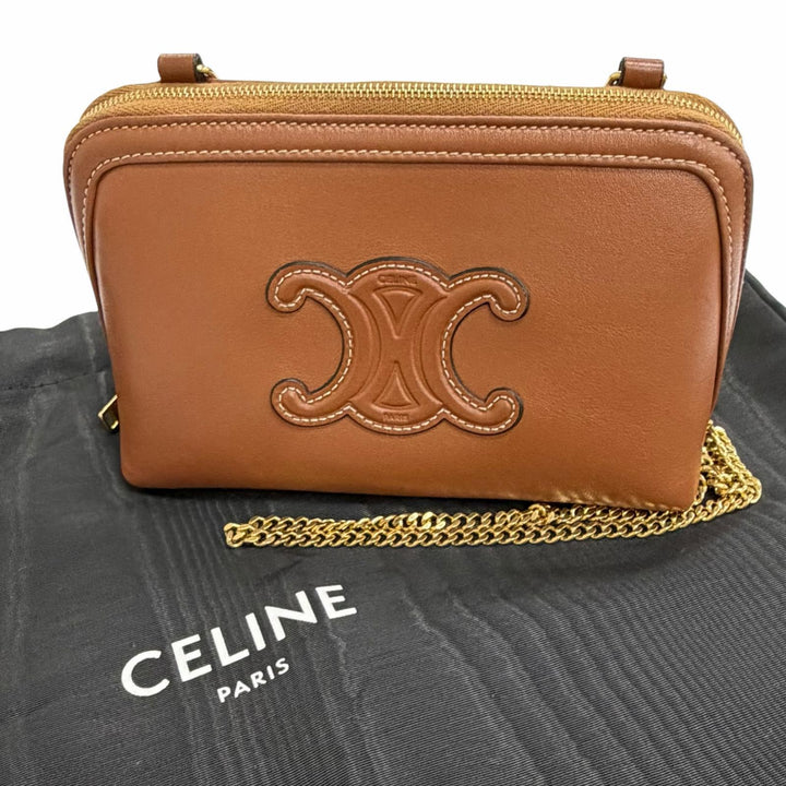 Great CELINE Shoulder Bag Cuir Triomphe Chain Clutch Tan Smooth scarf skin