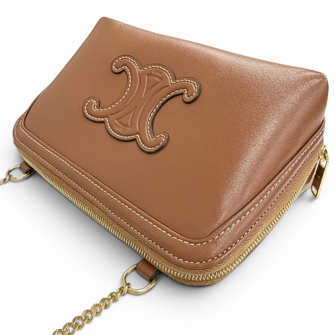 Great CELINE Shoulder Bag Cuir Triomphe Chain Clutch Tan Smooth scarf skin