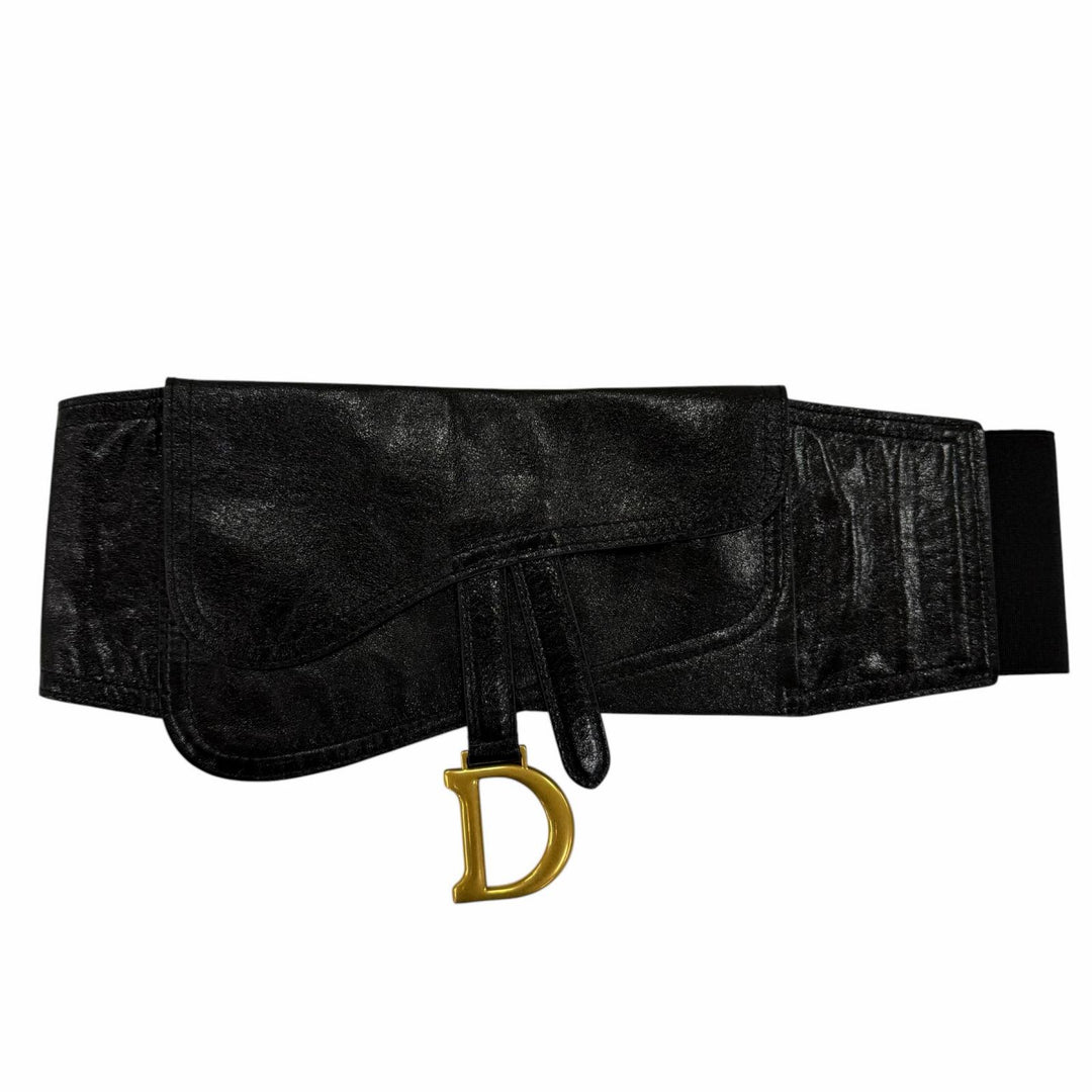 Excellent Christian Dior belt Logo Metal Saddle Leather blackWomen 35-MA-0169