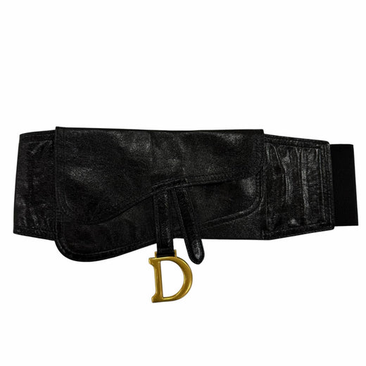 Excellent Christian Dior belt Logo Metal Saddle Leather blackWomen 35-MA-0169