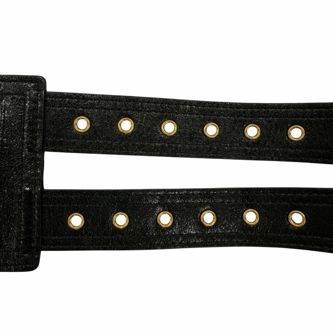 Excellent Christian Dior belt Logo Metal Saddle Leather blackWomen 35-MA-0169