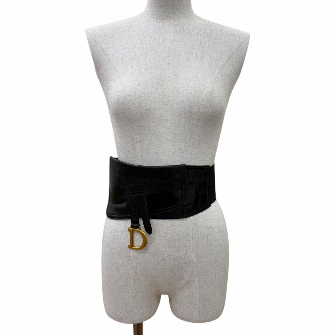 Excellent Christian Dior belt Logo Metal Saddle Leather blackWomen 35-MA-0169
