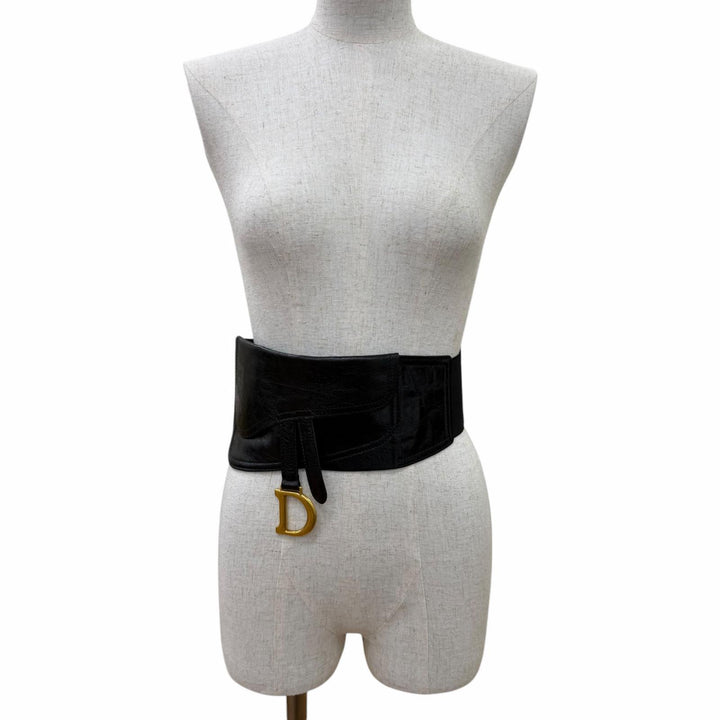 Excellent Christian Dior belt Logo Metal Saddle Leather blackWomen 35-MA-0169