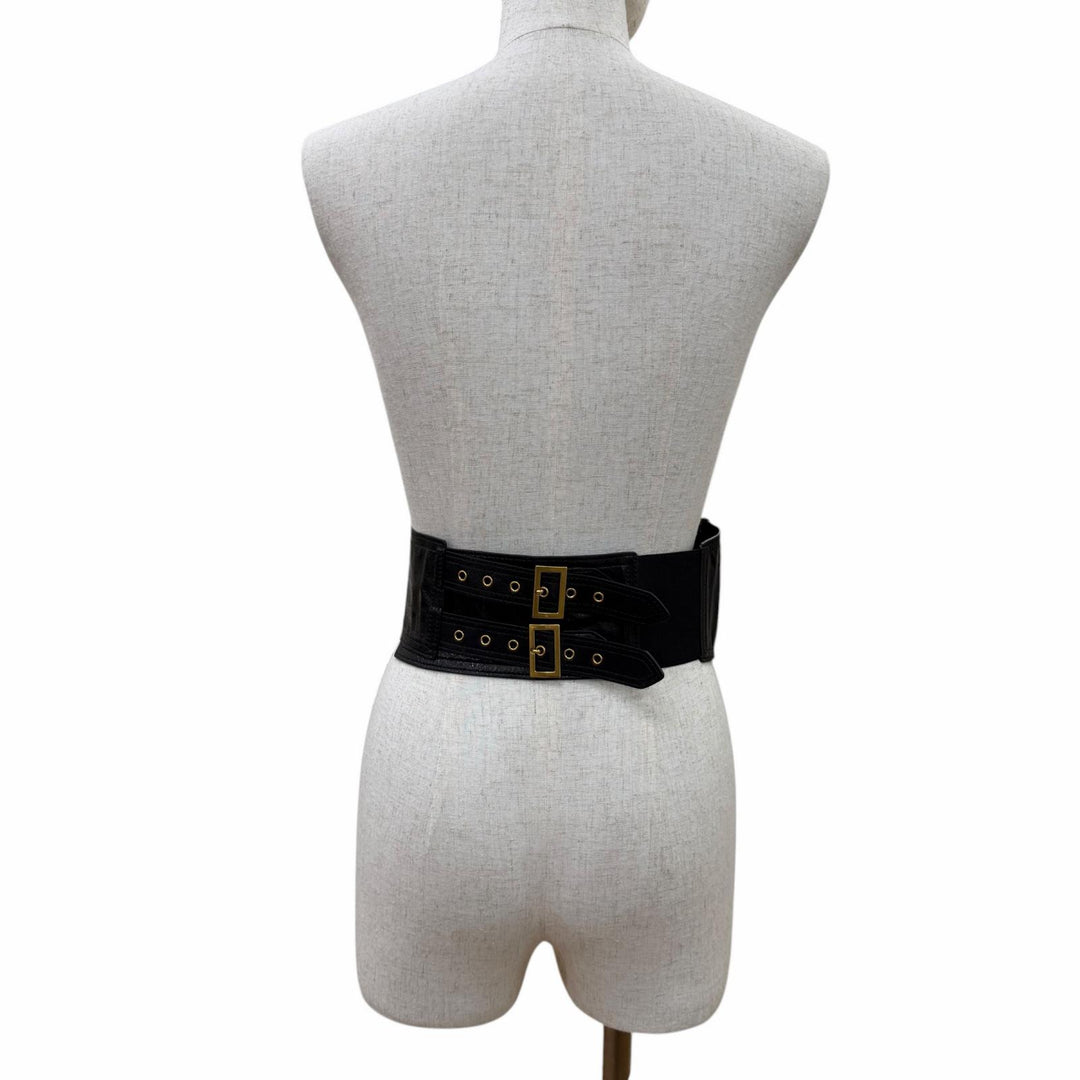 Excellent Christian Dior belt Logo Metal Saddle Leather blackWomen 35-MA-0169