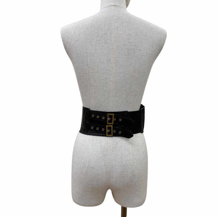 Excellent Christian Dior belt Logo Metal Saddle Leather blackWomen 35-MA-0169