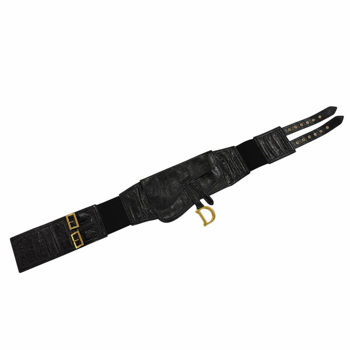 Excellent Christian Dior belt Logo Metal Saddle Leather blackWomen 35-MA-0169