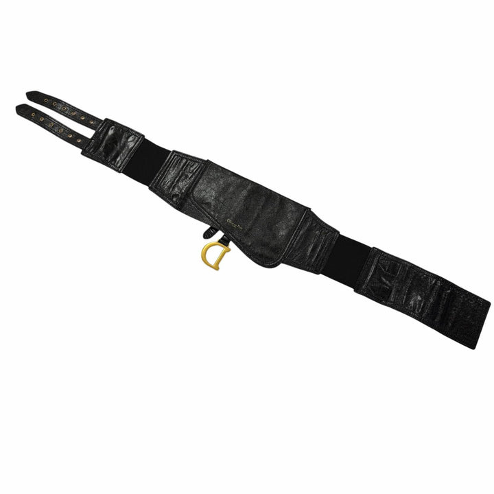 Excellent Christian Dior belt Logo Metal Saddle Leather blackWomen 35-MA-0169