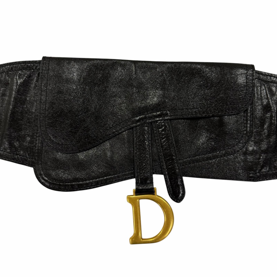 Excellent Christian Dior belt Logo Metal Saddle Leather blackWomen 35-MA-0169