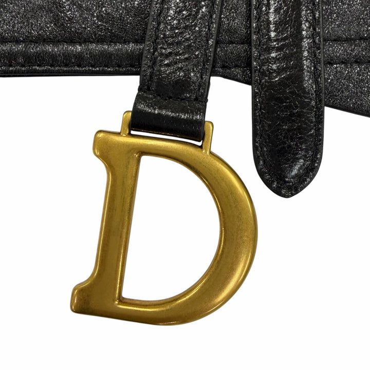 Excellent Christian Dior belt Logo Metal Saddle Leather blackWomen 35-MA-0169