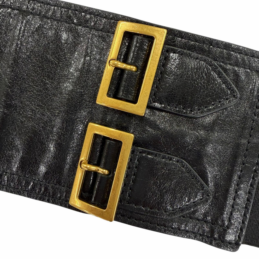 Excellent Christian Dior belt Logo Metal Saddle Leather blackWomen 35-MA-0169