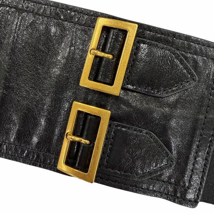 Excellent Christian Dior belt Logo Metal Saddle Leather blackWomen 35-MA-0169