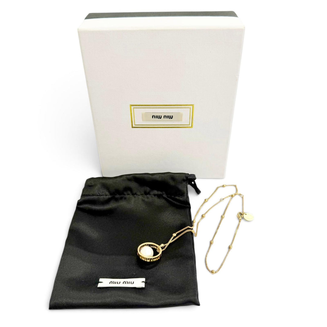 Great MIUMIU Necklace Logo Faux Pearl Chain gold Gold Plated Women 5JC756