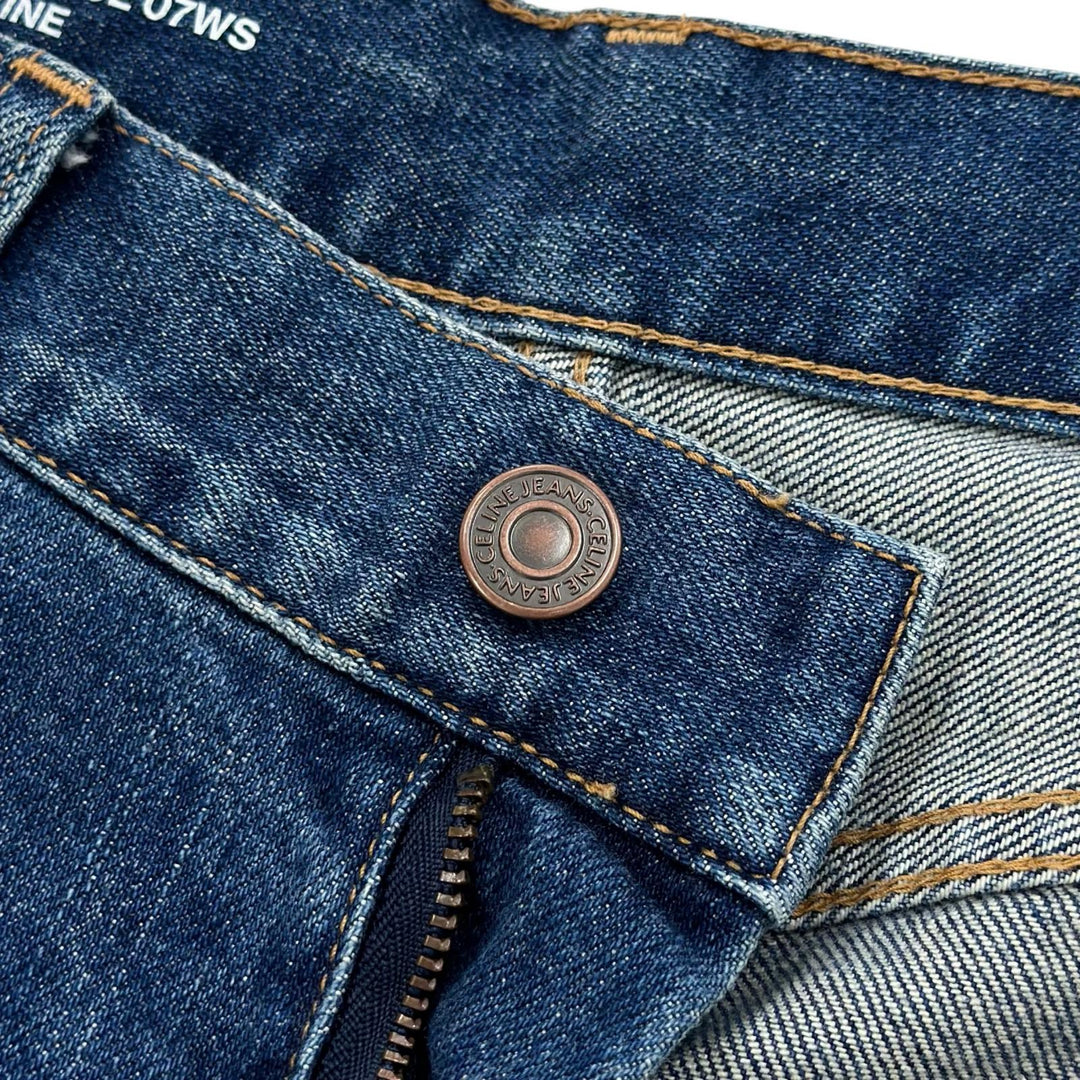 Excellent CELINE Denim pants Logo buttons, washed finish, jeans Indigo Women 28