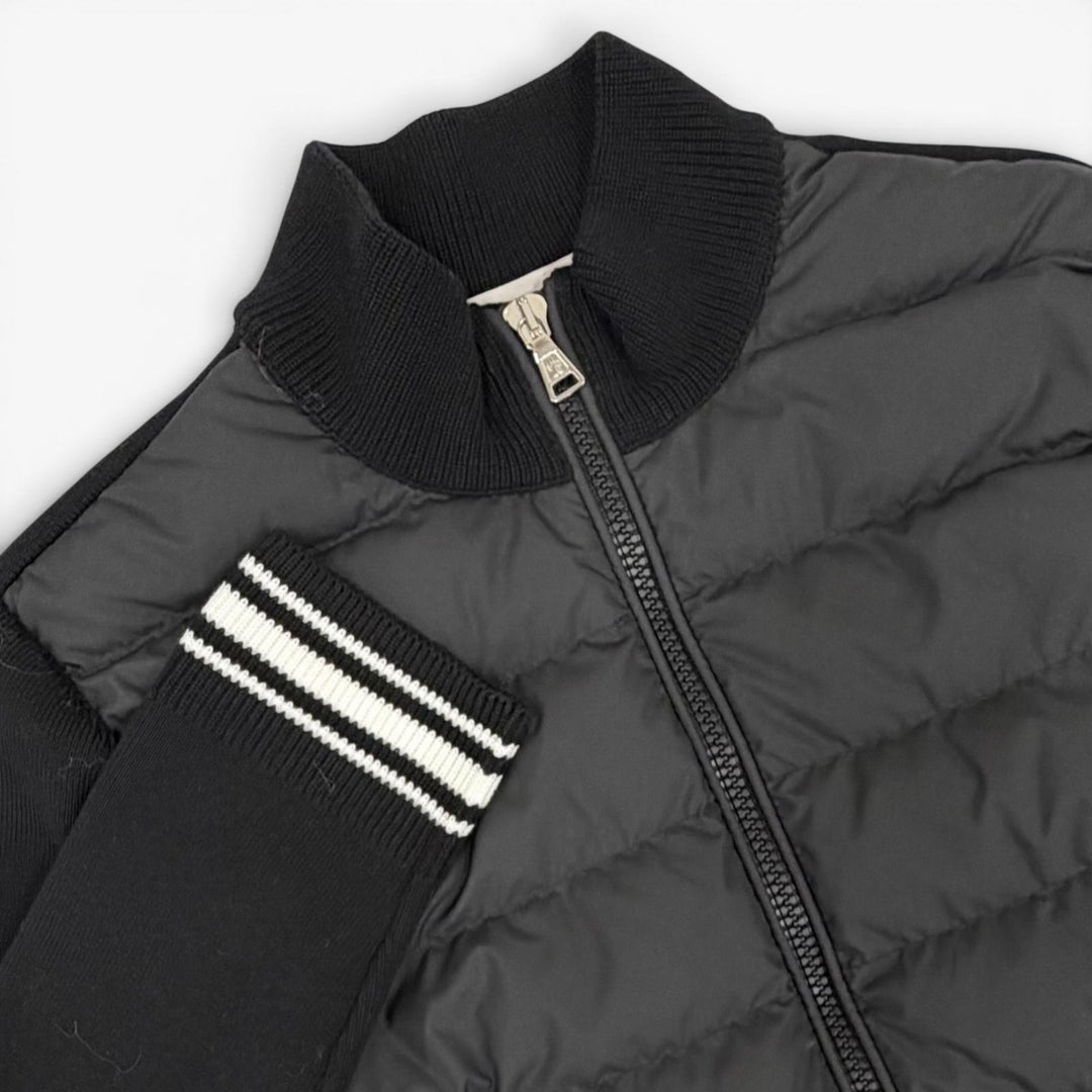 Excellent MONCLER Down jacket CARDIGAN TRICOT Logo patch knit panel zip-up black