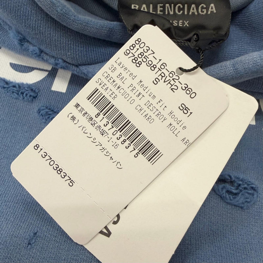 Pristine BALENCIAGA hoodie Destroy Layered Sports Hoodie Light blue