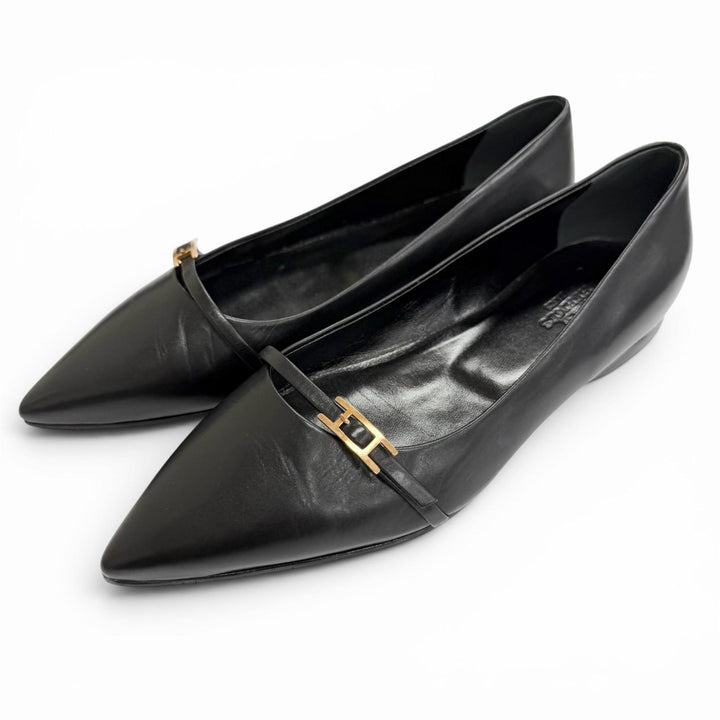 Great HERMES pumps Api Buckle Pointed Toe Leather Flats black leather Women 36
