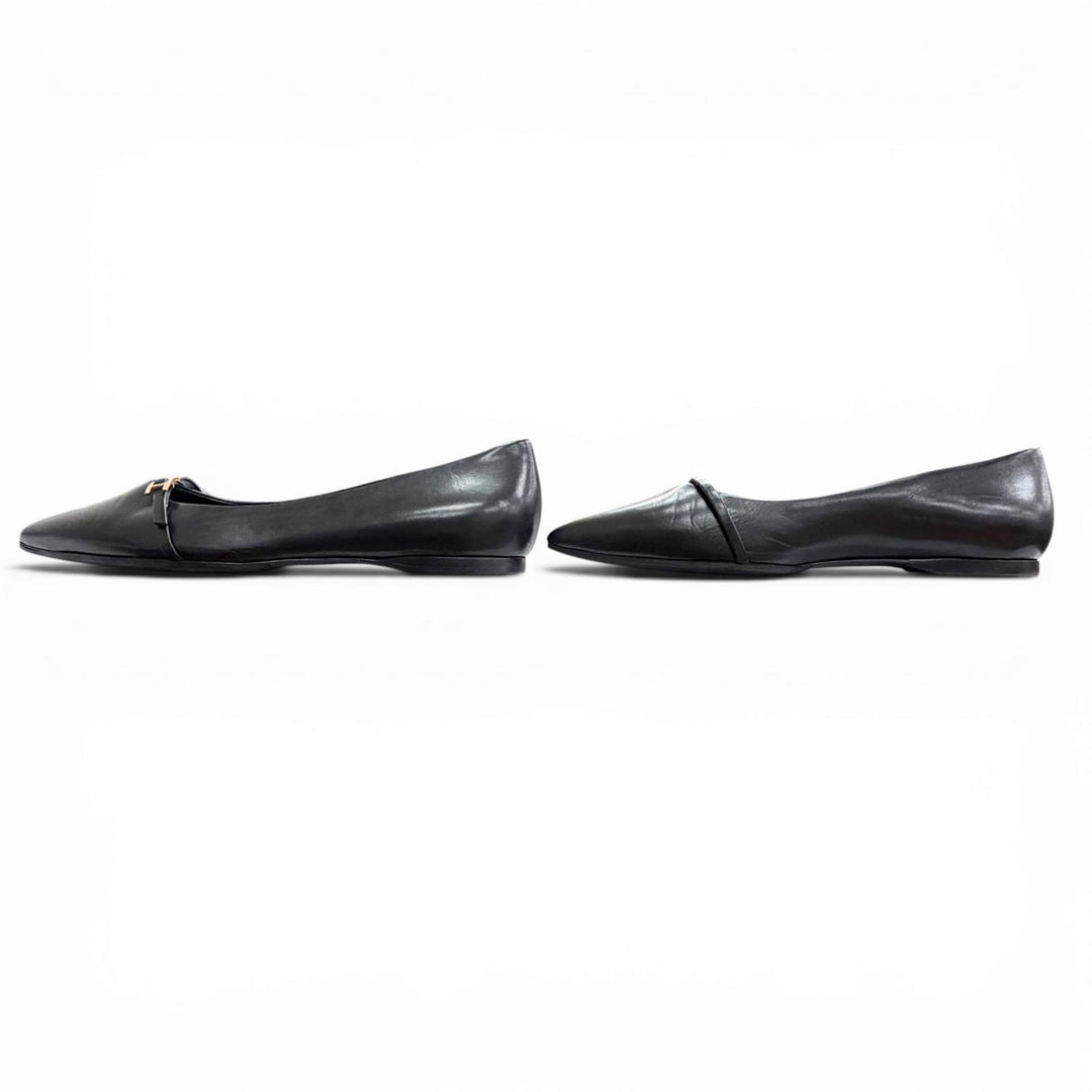 Great HERMES pumps Api Buckle Pointed Toe Leather Flats black leather Women 36