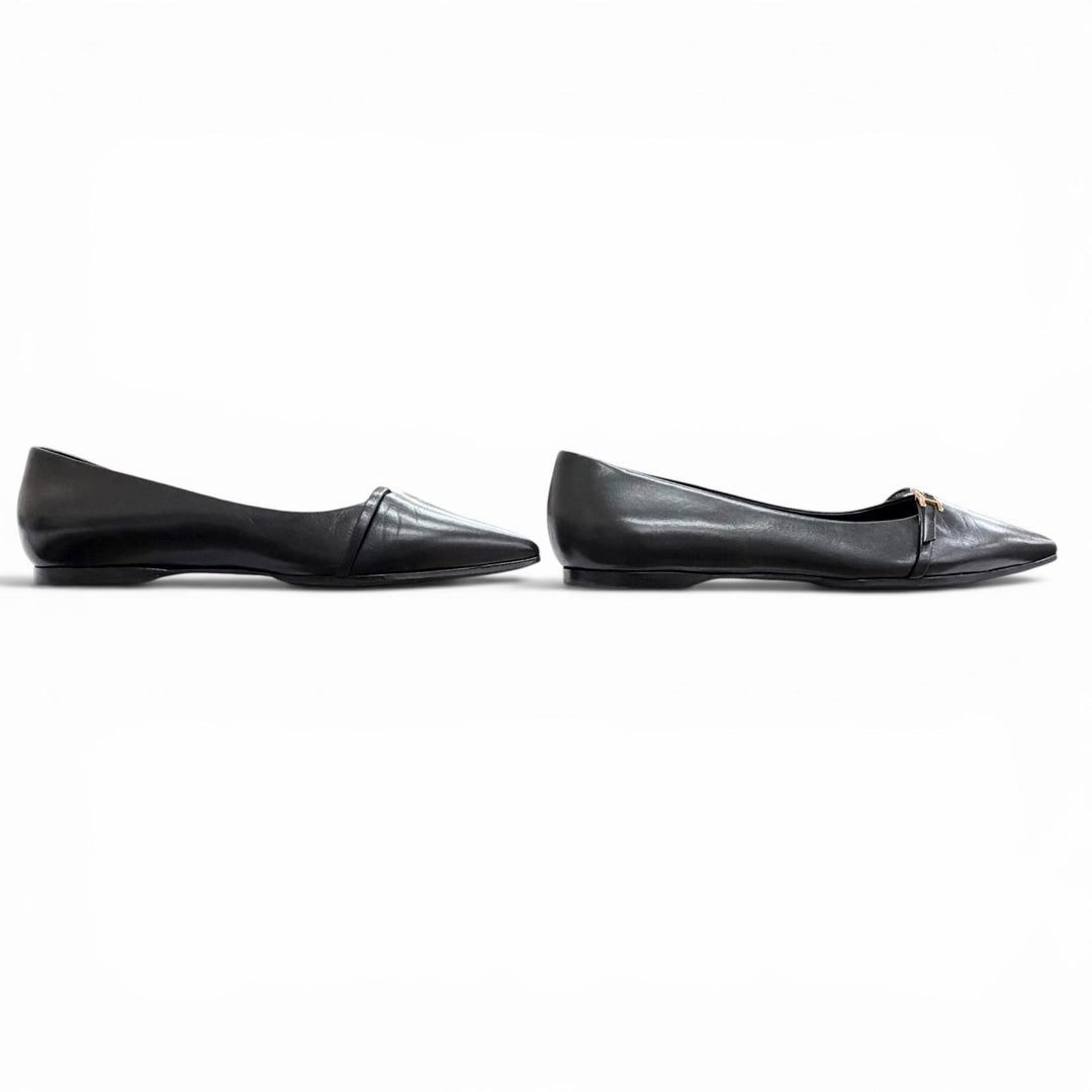 Great HERMES pumps Api Buckle Pointed Toe Leather Flats black leather Women 36