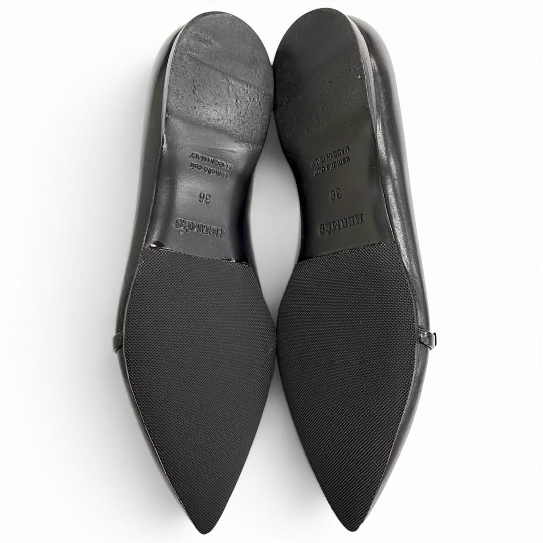 Great HERMES pumps Api Buckle Pointed Toe Leather Flats black leather Women 36