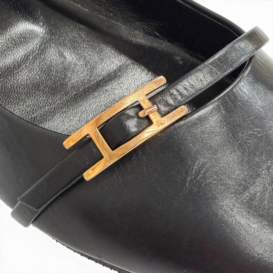 Great HERMES pumps Api Buckle Pointed Toe Leather Flats black leather Women 36