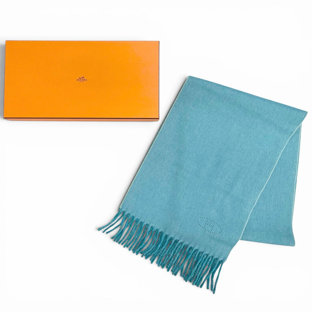 Excellent HERMES Scarf Evelyn H Logo Fringe Bicolor cashmere Women