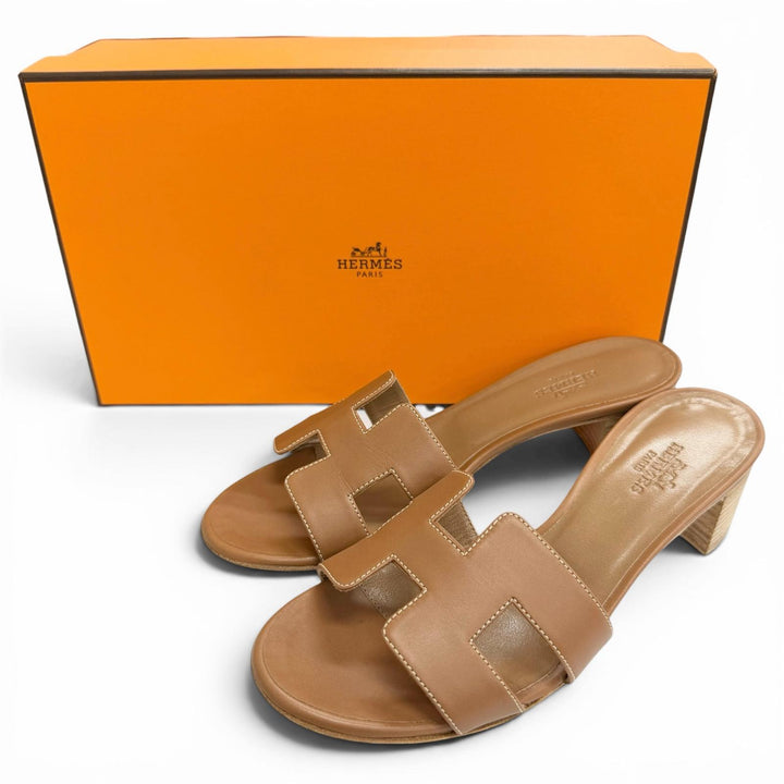 Excellent HERMES Sandals Oasis H Design Leather Mules Brown leather Women 35