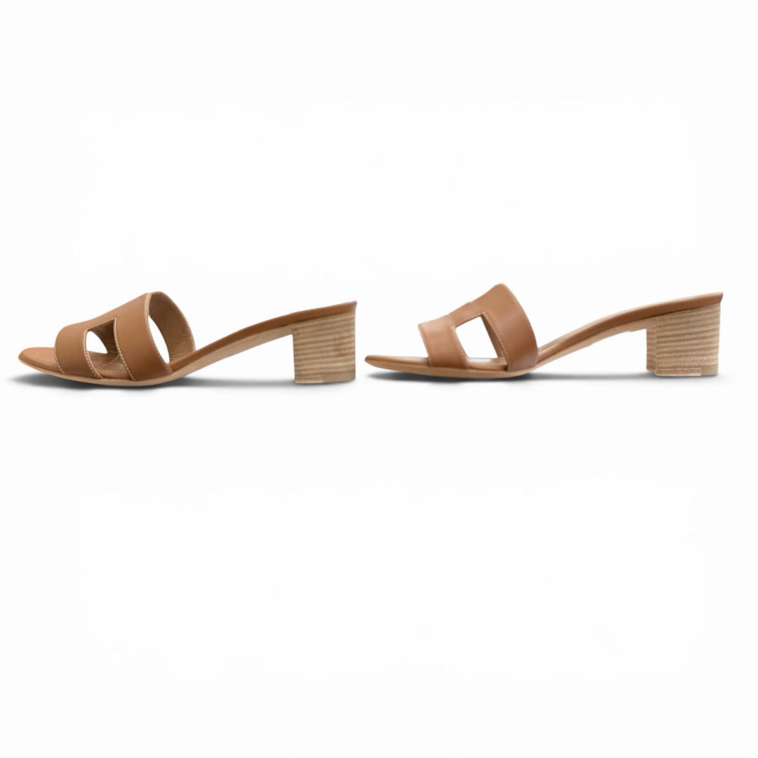 Excellent HERMES Sandals Oasis H Design Leather Mules Brown leather Women 35