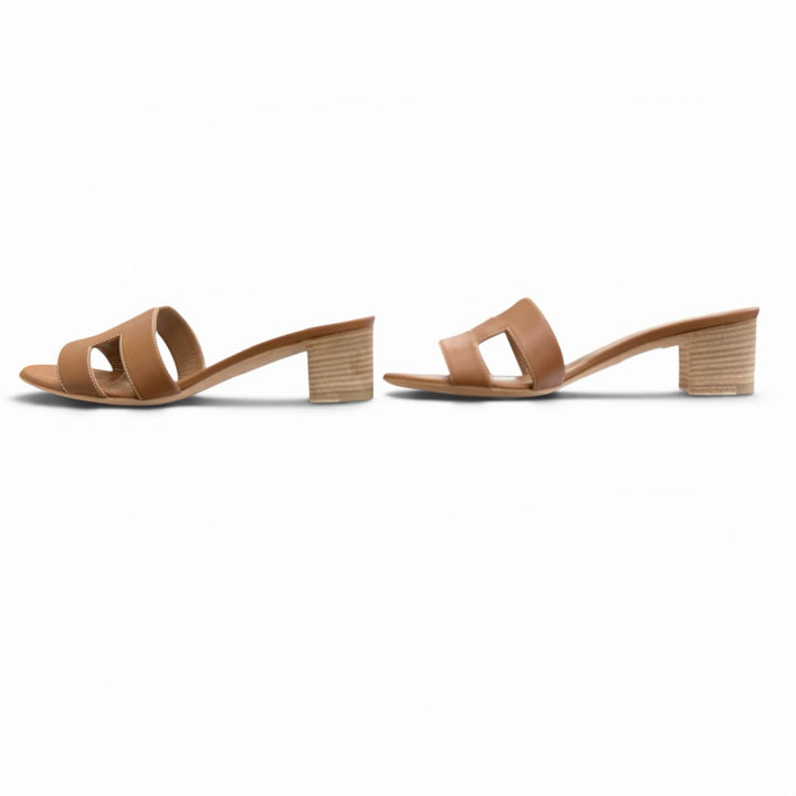 Excellent HERMES Sandals Oasis H Design Leather Mules Brown leather Women 35