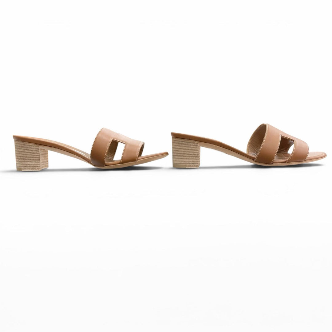 Excellent HERMES Sandals Oasis H Design Leather Mules Brown leather Women 35