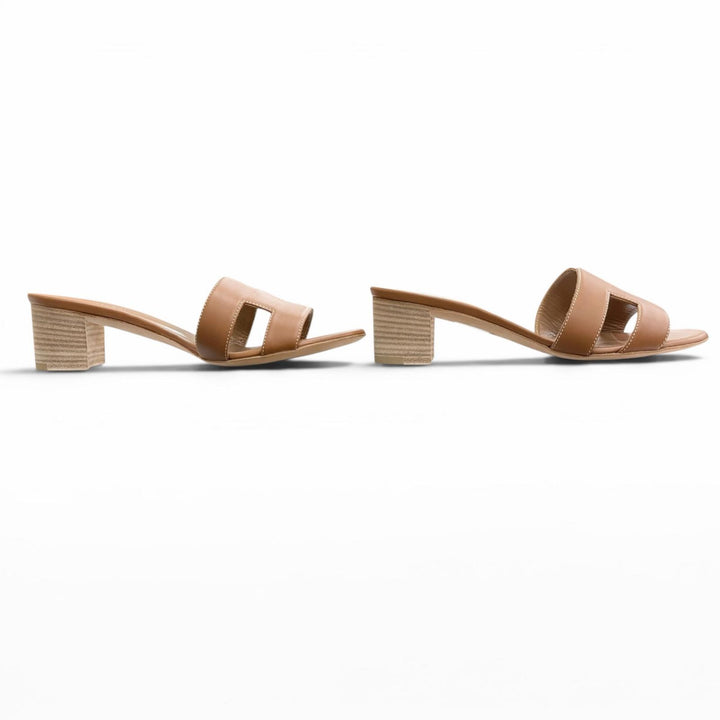 Excellent HERMES Sandals Oasis H Design Leather Mules Brown leather Women 35