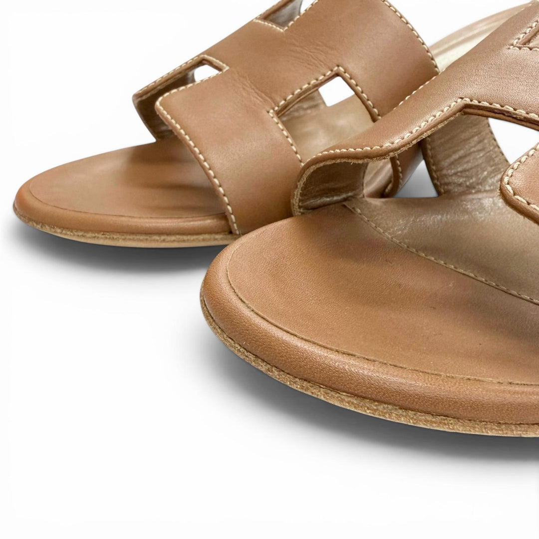 Excellent HERMES Sandals Oasis H Design Leather Mules Brown leather Women 35