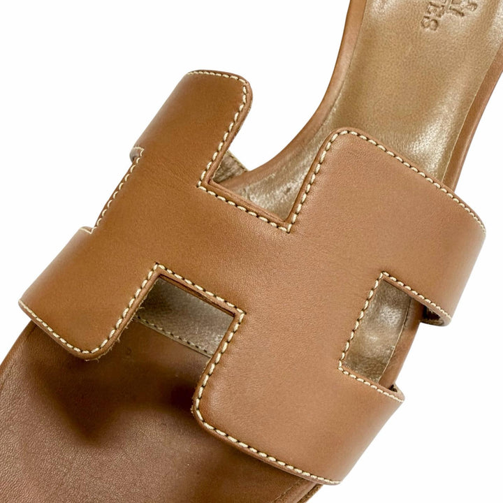Excellent HERMES Sandals Oasis H Design Leather Mules Brown leather Women 35