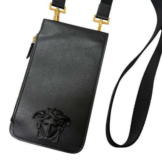 Excellent VERSACE Medusa motif Shoulder Bag Neck Wallet black leather mens