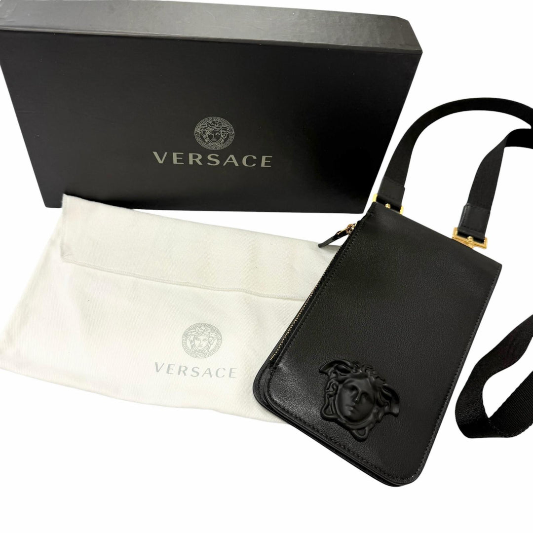 Excellent VERSACE Medusa motif Shoulder Bag Neck Wallet black leather mens