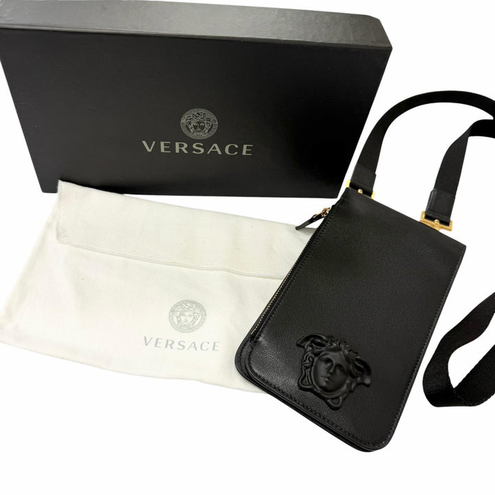 Excellent VERSACE Medusa motif Shoulder Bag Neck Wallet black leather mens