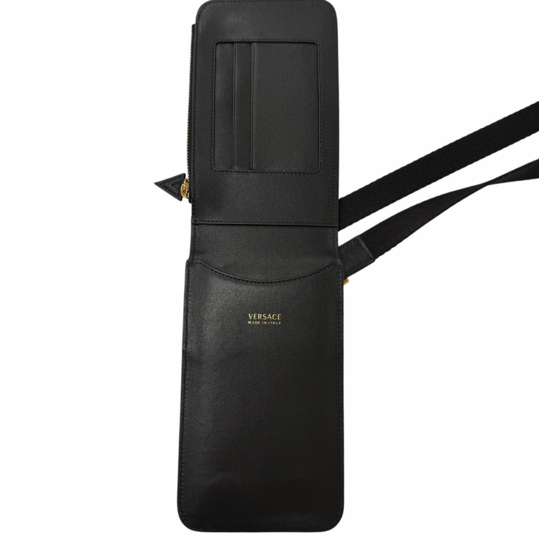 Excellent VERSACE Medusa motif Shoulder Bag Neck Wallet black leather mens