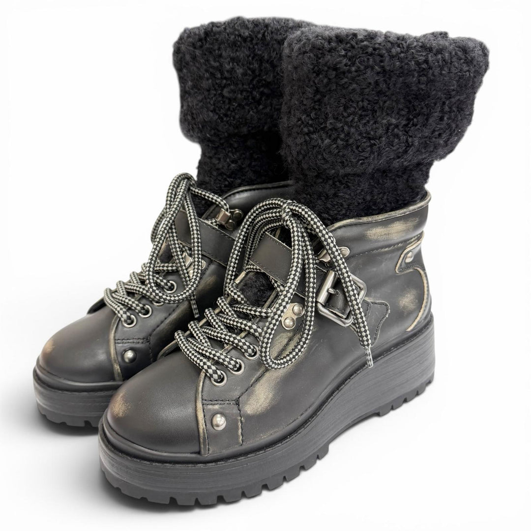 Excellent MIUMIU Vintage-style knit socks, leather short boots black 35 5U184C