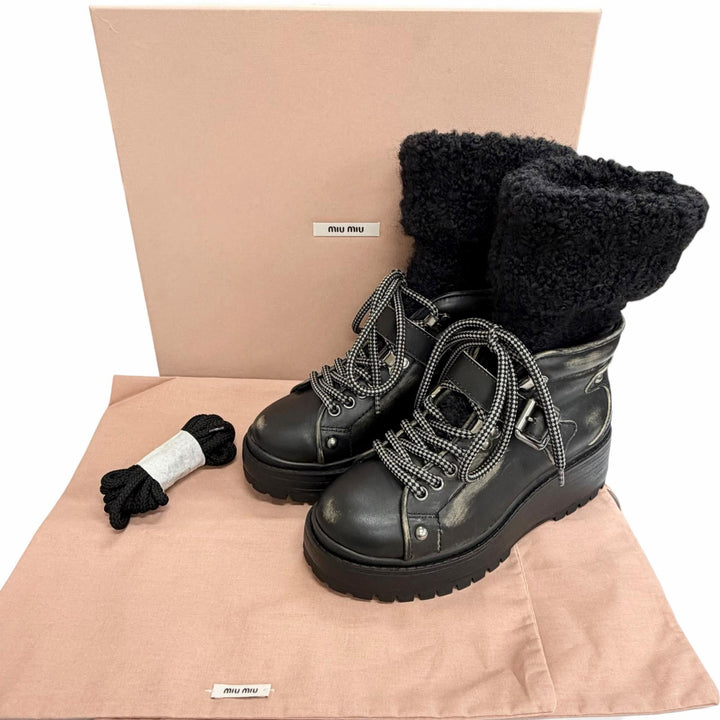 Excellent MIUMIU Vintage-style knit socks, leather short boots black 35 5U184C
