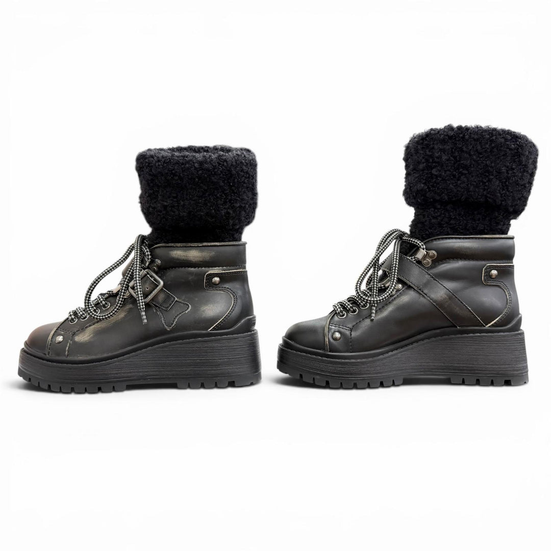 Excellent MIUMIU Vintage-style knit socks, leather short boots black 35 5U184C