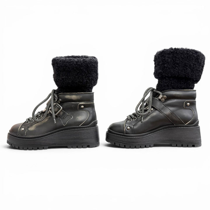 Excellent MIUMIU Vintage-style knit socks, leather short boots black 35 5U184C