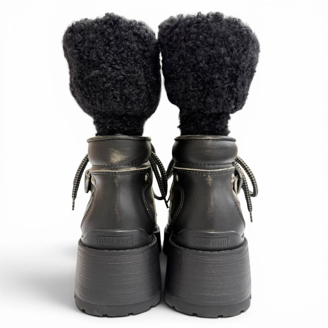 Excellent MIUMIU Vintage-style knit socks, leather short boots black 35 5U184C